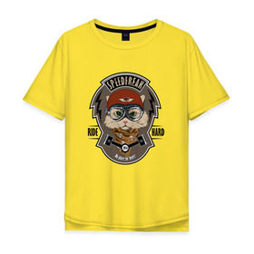 Мужская футболка хлопок Oversize с принтом Кот-гонщик в Петрозаводске, 100% хлопок | свободный крой, круглый ворот, “спинка” длиннее передней части | гонки | кот | котенок | кошка | мотоцикл | мяу | шлем