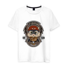 Мужская футболка хлопок с принтом Кот-гонщик в Петрозаводске, 100% хлопок | прямой крой, круглый вырез горловины, длина до линии бедер, слегка спущенное плечо. | гонки | кот | котенок | кошка | мотоцикл | мяу | шлем