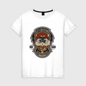 Женская футболка хлопок с принтом Кот-гонщик в Петрозаводске, 100% хлопок | прямой крой, круглый вырез горловины, длина до линии бедер, слегка спущенное плечо | гонки | кот | котенок | кошка | мотоцикл | мяу | шлем