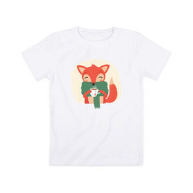 Детская футболка хлопок с принтом Лисица с чаем в Петрозаводске, 100% хлопок | круглый вырез горловины, полуприлегающий силуэт, длина до линии бедер | Тематика изображения на принте: лиса | лисенок | лисица | лисичка