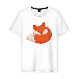 Мужская футболка хлопок с принтом Спящая лиса в Петрозаводске, 100% хлопок | прямой крой, круглый вырез горловины, длина до линии бедер, слегка спущенное плечо. | лиса | лисенок | лисица | лисичка