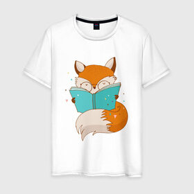 Мужская футболка хлопок с принтом Лисица с книгой в Петрозаводске, 100% хлопок | прямой крой, круглый вырез горловины, длина до линии бедер, слегка спущенное плечо. | лиса | лисенок | лисица | лисичка