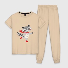 Женская пижама хлопок с принтом Новогодний Енот в Петрозаводске, 100% хлопок | брюки и футболка прямого кроя, без карманов, на брюках мягкая резинка на поясе и по низу штанин | 