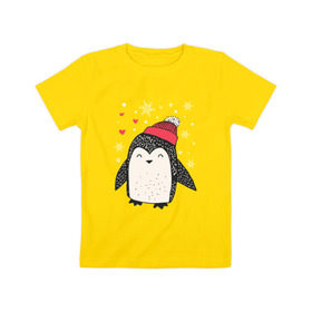 Детская футболка хлопок с принтом Пингвин в шапке в Петрозаводске, 100% хлопок | круглый вырез горловины, полуприлегающий силуэт, длина до линии бедер | Тематика изображения на принте: christmas | new year | winter | зима | новый год | пингвин | рождество