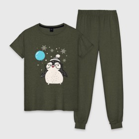 Женская пижама хлопок с принтом Пингвин с шариком в Петрозаводске, 100% хлопок | брюки и футболка прямого кроя, без карманов, на брюках мягкая резинка на поясе и по низу штанин | Тематика изображения на принте: christmas | new year | winter | зима | новый год | пингвин | рождество