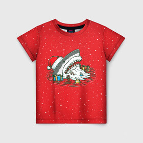 Детская футболка 3D с принтом Акула Дед Мороз в Петрозаводске, 100% гипоаллергенный полиэфир | прямой крой, круглый вырез горловины, длина до линии бедер, чуть спущенное плечо, ткань немного тянется | christmas | new year | shark | новый год | рождество | санта