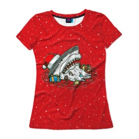Женская футболка 3D с принтом Акула Дед Мороз в Петрозаводске, 100% полиэфир ( синтетическое хлопкоподобное полотно) | прямой крой, круглый вырез горловины, длина до линии бедер | Тематика изображения на принте: christmas | new year | shark | новый год | рождество | санта