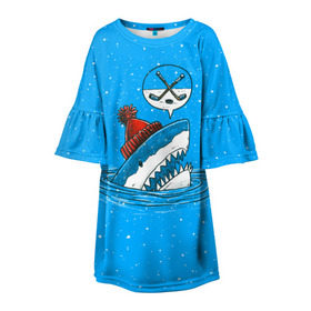 Детское платье 3D с принтом Акула хоккейный фанат в Петрозаводске, 100% полиэстер | прямой силуэт, чуть расширенный к низу. Круглая горловина, на рукавах — воланы | fan | fish | hochey | ocean | predator | sea | shark | water | акула | вода | игра | лед | море | океан | рыба | фанат | хищник | хоккей | шайба