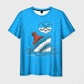 Мужская футболка 3D с принтом Акула хоккейный фанат в Петрозаводске, 100% полиэфир | прямой крой, круглый вырез горловины, длина до линии бедер | fan | fish | hochey | ocean | predator | sea | shark | water | акула | вода | игра | лед | море | океан | рыба | фанат | хищник | хоккей | шайба