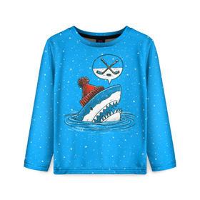 Детский лонгслив 3D с принтом Акула хоккейный фанат в Петрозаводске, 100% полиэстер | длинные рукава, круглый вырез горловины, полуприлегающий силуэт
 | Тематика изображения на принте: fan | fish | hochey | ocean | predator | sea | shark | water | акула | вода | игра | лед | море | океан | рыба | фанат | хищник | хоккей | шайба