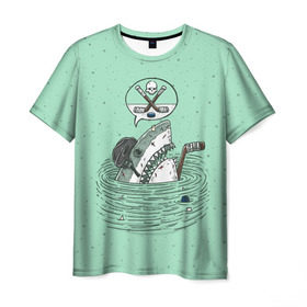 Мужская футболка 3D с принтом Акула хоккеист в Петрозаводске, 100% полиэфир | прямой крой, круглый вырез горловины, длина до линии бедер | fan | fish | hochey | ocean | predator | sea | shark | water | акула | вода | игра | лед | море | океан | рыба | фанат | хищник | хоккей | шайба