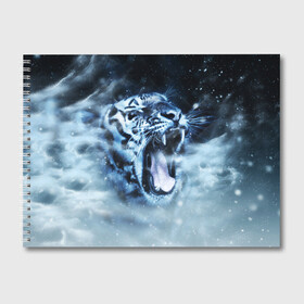 Альбом для рисования с принтом Белый тигр в Петрозаводске, 100% бумага
 | матовая бумага, плотность 200 мг. | Тематика изображения на принте: зима | клыки | метель | пасть | снег | тигр | хищник