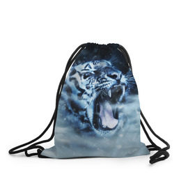 Рюкзак-мешок 3D с принтом Белый тигр в Петрозаводске, 100% полиэстер | плотность ткани — 200 г/м2, размер — 35 х 45 см; лямки — толстые шнурки, застежка на шнуровке, без карманов и подкладки | зима | клыки | метель | пасть | снег | тигр | хищник