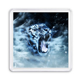 Магнит 55*55 с принтом Белый тигр в Петрозаводске, Пластик | Размер: 65*65 мм; Размер печати: 55*55 мм | Тематика изображения на принте: зима | клыки | метель | пасть | снег | тигр | хищник