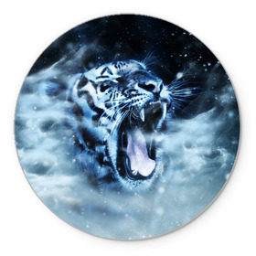 Коврик круглый с принтом Белый тигр в Петрозаводске, резина и полиэстер | круглая форма, изображение наносится на всю лицевую часть | зима | клыки | метель | пасть | снег | тигр | хищник