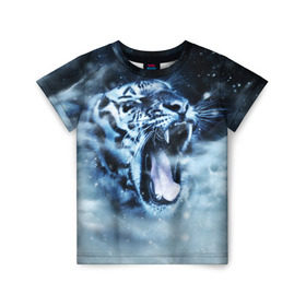 Детская футболка 3D с принтом Белый тигр в Петрозаводске, 100% гипоаллергенный полиэфир | прямой крой, круглый вырез горловины, длина до линии бедер, чуть спущенное плечо, ткань немного тянется | Тематика изображения на принте: зима | клыки | метель | пасть | снег | тигр | хищник