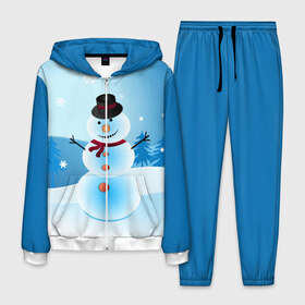 Мужской костюм 3D с принтом Снеговик в Петрозаводске, 100% полиэстер | Манжеты и пояс оформлены тканевой резинкой, двухслойный капюшон со шнурком для регулировки, карманы спереди | дед мороз | зима | новый год | праздник | снеговик | снежинки
