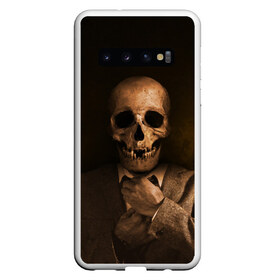 Чехол для Samsung Galaxy S10 с принтом Скелет в пиджаке в Петрозаводске, Силикон | Область печати: задняя сторона чехла, без боковых панелей | Тематика изображения на принте: кости | пиджак | скелет | ужас | череп