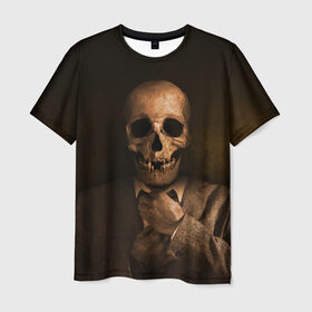 Мужская футболка 3D с принтом Скелет в пиджаке в Петрозаводске, 100% полиэфир | прямой крой, круглый вырез горловины, длина до линии бедер | кости | пиджак | скелет | ужас | череп