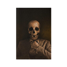 Обложка для паспорта матовая кожа с принтом Скелет в пиджаке в Петрозаводске, натуральная матовая кожа | размер 19,3 х 13,7 см; прозрачные пластиковые крепления | кости | пиджак | скелет | ужас | череп