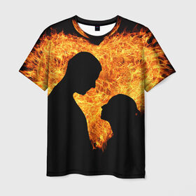 Мужская футболка 3D с принтом Огненная любовь в Петрозаводске, 100% полиэфир | прямой крой, круглый вырез горловины, длина до линии бедер | Тематика изображения на принте: любовь | огонь | пламя | сердце | танец
