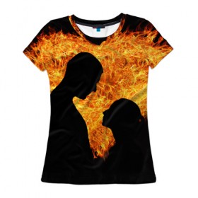 Женская футболка 3D с принтом Огненная любовь в Петрозаводске, 100% полиэфир ( синтетическое хлопкоподобное полотно) | прямой крой, круглый вырез горловины, длина до линии бедер | Тематика изображения на принте: любовь | огонь | пламя | сердце | танец