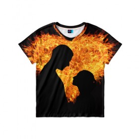 Детская футболка 3D с принтом Огненная любовь в Петрозаводске, 100% гипоаллергенный полиэфир | прямой крой, круглый вырез горловины, длина до линии бедер, чуть спущенное плечо, ткань немного тянется | Тематика изображения на принте: любовь | огонь | пламя | сердце | танец