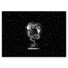 Поздравительная открытка с принтом Ночная сова в Петрозаводске, 100% бумага | плотность бумаги 280 г/м2, матовая, на обратной стороне линовка и место для марки
 | astronaut | bird | cosmonaut | cosmos | galaxy | hipster | moon | night | owl | planet | space | star | universe | вселенная | галактика | звезды | космонавт | космос | луна | планета | птица | сова