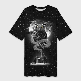 Платье-футболка 3D с принтом Ночная сова в Петрозаводске,  |  | astronaut | bird | cosmonaut | cosmos | galaxy | hipster | moon | night | owl | planet | space | star | universe | вселенная | галактика | звезды | космонавт | космос | луна | планета | птица | сова