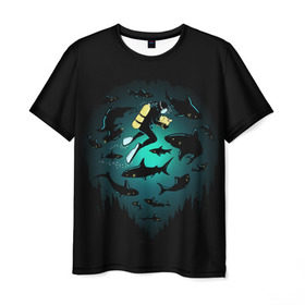 Мужская футболка 3D с принтом Подводный мир в Петрозаводске, 100% полиэфир | прямой крой, круглый вырез горловины, длина до линии бедер | Тематика изображения на принте: fish | ocean | predator | sea | shark | under | акула | вода | дайвер | дайвинг | море | океан | рыба | хищник