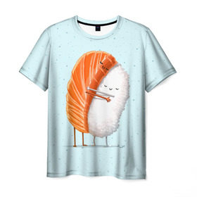 Мужская футболка 3D с принтом Суши друзья в Петрозаводске, 100% полиэфир | прямой крой, круглый вырез горловины, длина до линии бедер | Тематика изображения на принте: china | eat | fish | food | japan | sushi | лосось | прикол | рис | ролл | рыба | суши