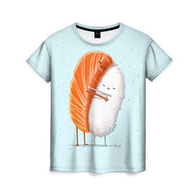 Женская футболка 3D с принтом Суши друзья в Петрозаводске, 100% полиэфир ( синтетическое хлопкоподобное полотно) | прямой крой, круглый вырез горловины, длина до линии бедер | china | eat | fish | food | japan | sushi | лосось | прикол | рис | ролл | рыба | суши
