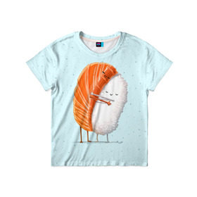 Детская футболка 3D с принтом Суши друзья в Петрозаводске, 100% гипоаллергенный полиэфир | прямой крой, круглый вырез горловины, длина до линии бедер, чуть спущенное плечо, ткань немного тянется | Тематика изображения на принте: china | eat | fish | food | japan | sushi | лосось | прикол | рис | ролл | рыба | суши