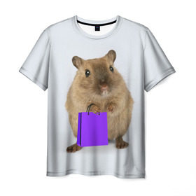 Мужская футболка 3D с принтом Хомяк с сумкой в Петрозаводске, 100% полиэфир | прямой крой, круглый вырез горловины, длина до линии бедер | грызун | животные | крыса | мышь | хомяк | яблоко