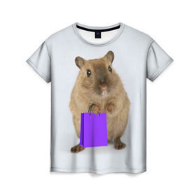 Женская футболка 3D с принтом Хомяк с сумкой в Петрозаводске, 100% полиэфир ( синтетическое хлопкоподобное полотно) | прямой крой, круглый вырез горловины, длина до линии бедер | грызун | животные | крыса | мышь | хомяк | яблоко