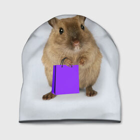 Шапка 3D с принтом Хомяк с сумкой в Петрозаводске, 100% полиэстер | универсальный размер, печать по всей поверхности изделия | грызун | животные | крыса | мышь | хомяк | яблоко