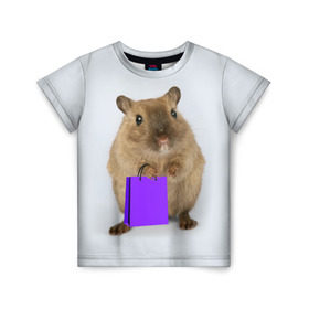 Детская футболка 3D с принтом Хомяк с сумкой в Петрозаводске, 100% гипоаллергенный полиэфир | прямой крой, круглый вырез горловины, длина до линии бедер, чуть спущенное плечо, ткань немного тянется | грызун | животные | крыса | мышь | хомяк | яблоко