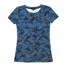 Женская футболка 3D с принтом Камуфляж со снегоходами в Петрозаводске, 100% полиэфир ( синтетическое хлопкоподобное полотно) | прямой крой, круглый вырез горловины, длина до линии бедер | зима | милитари | синий | снег | снегоход | текстура | экстремальный | экстрим