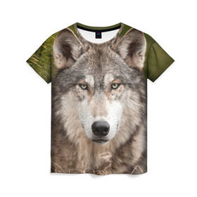 Женская футболка 3D с принтом Волк в Петрозаводске, 100% полиэфир ( синтетическое хлопкоподобное полотно) | прямой крой, круглый вырез горловины, длина до линии бедер | animal | eyes | forest | predator | wild | wolf | взгляд | волк | дикий | животное | зверь | лес | хищник