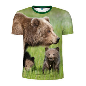 Мужская футболка 3D спортивная с принтом Медведи в Петрозаводске, 100% полиэстер с улучшенными характеристиками | приталенный силуэт, круглая горловина, широкие плечи, сужается к линии бедра | animals | bears | children | family | green | meadow | mother | predators | дети | животные | зеленая | мама | медведи | поляна | семья | хищники