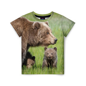 Детская футболка 3D с принтом Медведи в Петрозаводске, 100% гипоаллергенный полиэфир | прямой крой, круглый вырез горловины, длина до линии бедер, чуть спущенное плечо, ткань немного тянется | animals | bears | children | family | green | meadow | mother | predators | дети | животные | зеленая | мама | медведи | поляна | семья | хищники