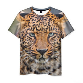 Мужская футболка 3D с принтом Леопард в Петрозаводске, 100% полиэфир | прямой крой, круглый вырез горловины, длина до линии бедер | Тематика изображения на принте: animal | leopard | look | predator | spotted | wild | взгляд | дикий | животное | леопард | пятнистый | хищник