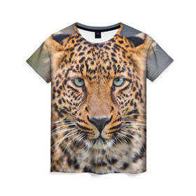 Женская футболка 3D с принтом Леопард в Петрозаводске, 100% полиэфир ( синтетическое хлопкоподобное полотно) | прямой крой, круглый вырез горловины, длина до линии бедер | animal | leopard | look | predator | spotted | wild | взгляд | дикий | животное | леопард | пятнистый | хищник