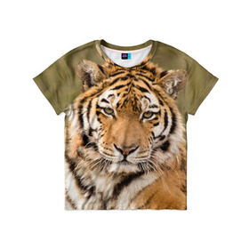 Детская футболка 3D с принтом Тигр в Петрозаводске, 100% гипоаллергенный полиэфир | прямой крой, круглый вырез горловины, длина до линии бедер, чуть спущенное плечо, ткань немного тянется | animal | predator | striped | tiger | view | wild | взгляд | дикий | животное | полосатый | тигр | хищник