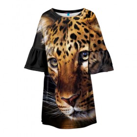 Детское платье 3D с принтом Леопард в Петрозаводске, 100% полиэстер | прямой силуэт, чуть расширенный к низу. Круглая горловина, на рукавах — воланы | animal | leopard | look | predator | spotted | wild | взгляд | дикий | животное | леопард | пятнистый | хищник