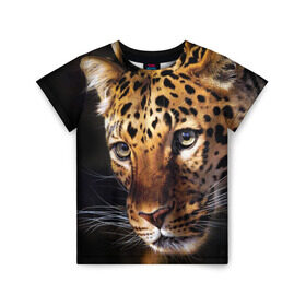 Детская футболка 3D с принтом Леопард в Петрозаводске, 100% гипоаллергенный полиэфир | прямой крой, круглый вырез горловины, длина до линии бедер, чуть спущенное плечо, ткань немного тянется | Тематика изображения на принте: animal | leopard | look | predator | spotted | wild | взгляд | дикий | животное | леопард | пятнистый | хищник