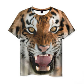 Мужская футболка 3D с принтом Тигр в Петрозаводске, 100% полиэфир | прямой крой, круглый вырез горловины, длина до линии бедер | animal | predator | striped | tiger | view | wild | взгляд | дикий | животное | полосатый | тигр | хищник