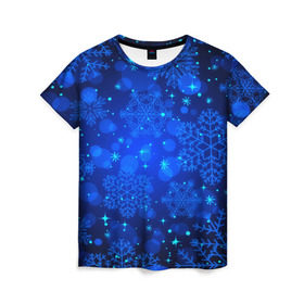 Женская футболка 3D с принтом Снежинки в Петрозаводске, 100% полиэфир ( синтетическое хлопкоподобное полотно) | прямой крой, круглый вырез горловины, длина до линии бедер | круги | новогодний | рождество | синий | снежинка | темный