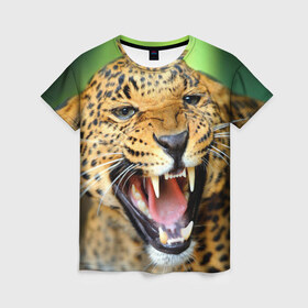 Женская футболка 3D с принтом Леопард в Петрозаводске, 100% полиэфир ( синтетическое хлопкоподобное полотно) | прямой крой, круглый вырез горловины, длина до линии бедер | animal | leopard | look | predator | spotted | wild | взгляд | дикий | животное | леопард | пятнистый | хищник
