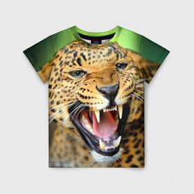 Детская футболка 3D с принтом Леопард в Петрозаводске, 100% гипоаллергенный полиэфир | прямой крой, круглый вырез горловины, длина до линии бедер, чуть спущенное плечо, ткань немного тянется | animal | leopard | look | predator | spotted | wild | взгляд | дикий | животное | леопард | пятнистый | хищник
